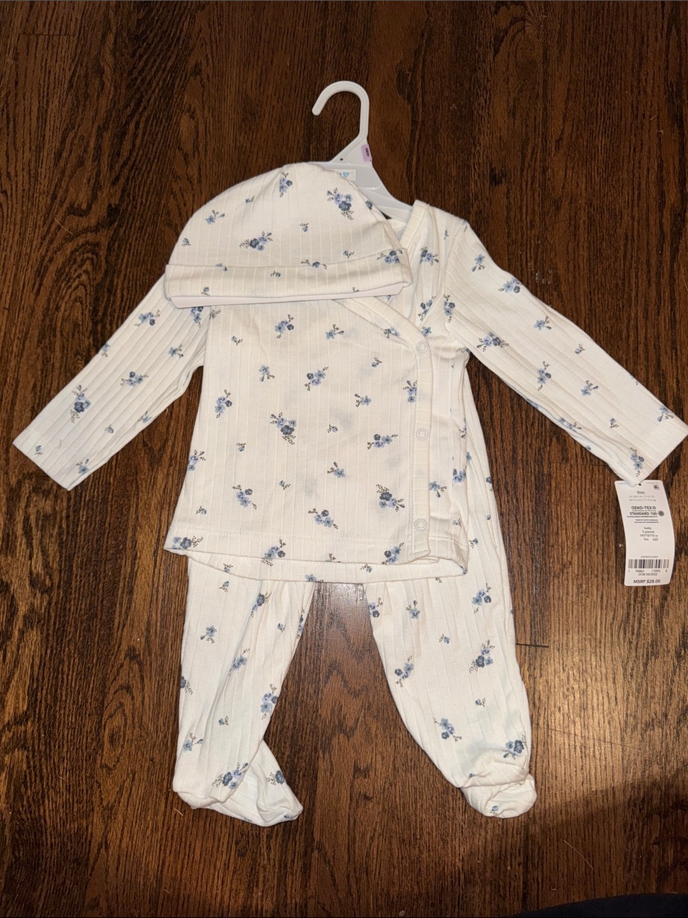 NWT Carter's Baby Girl 3 Piece White and Blue Floral Ribbed Pajama Set with Hat